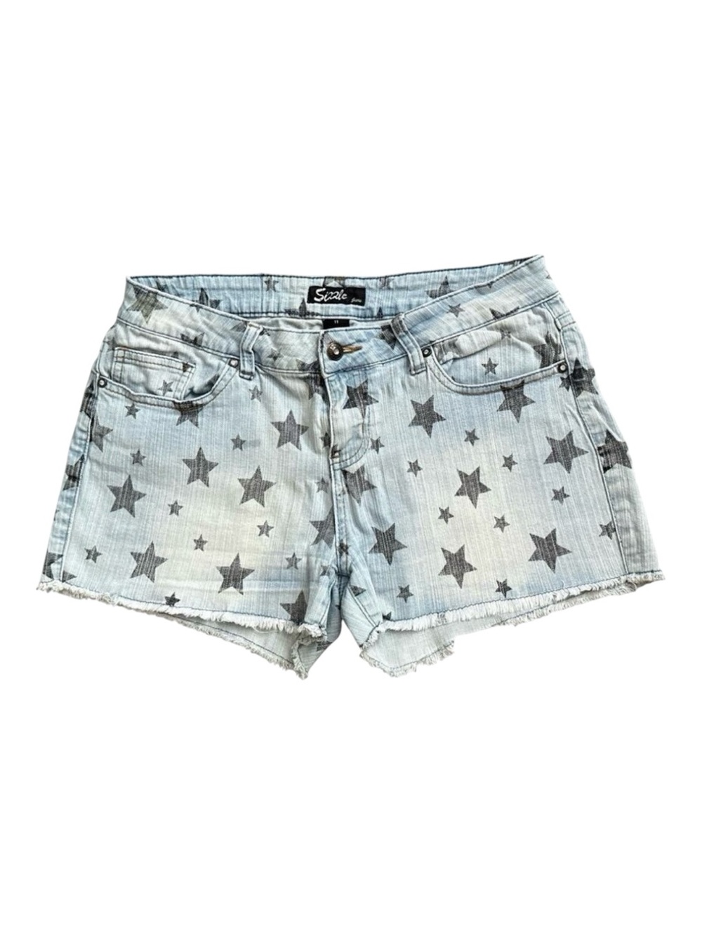 Sizzle Star Print Jean Shorts Womens 11 Low Rise Cutoff Raw Hem Blue Jean Y2K